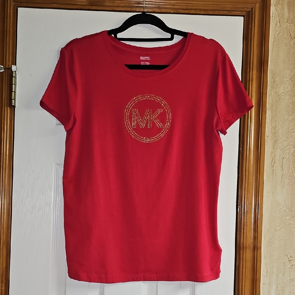 Michael Kors Red Fitted Short Sleeve Tee With Gold Studded Logo Size L
